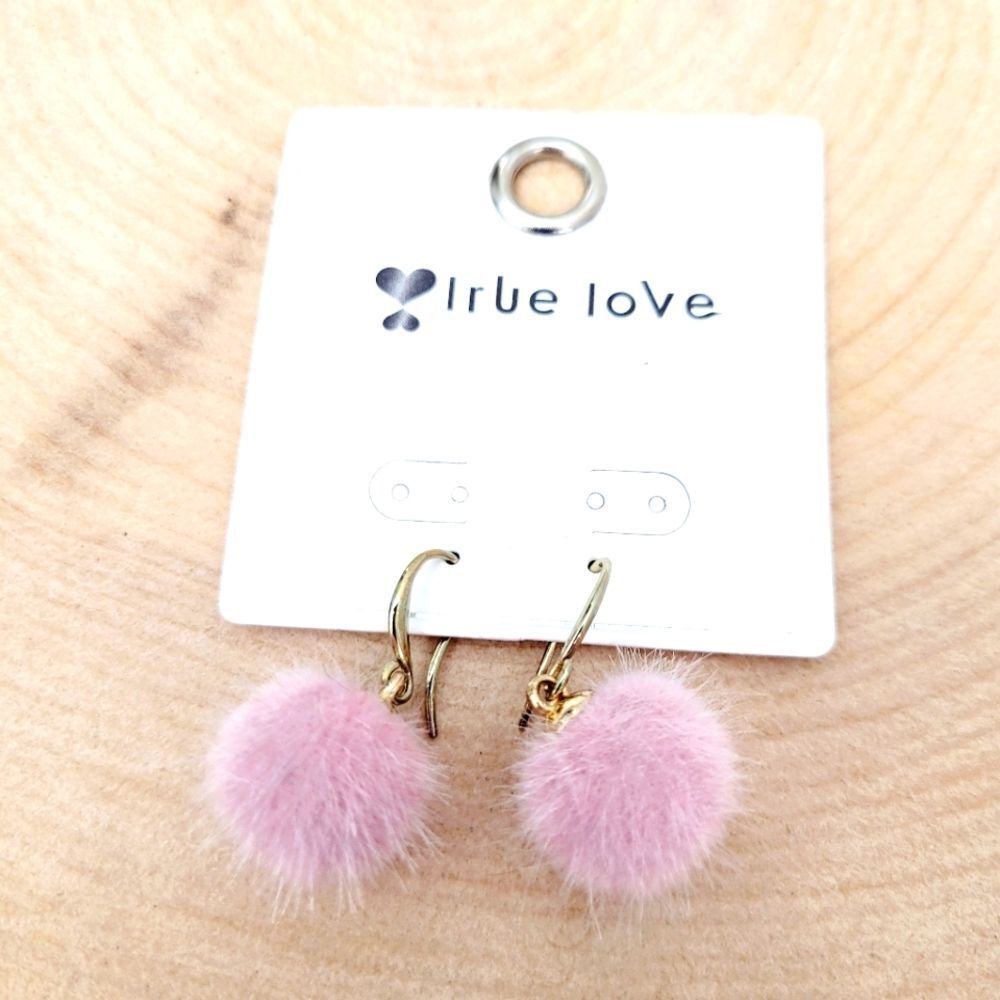 Brand New Gold Tone Pink Furry Ball Earrings